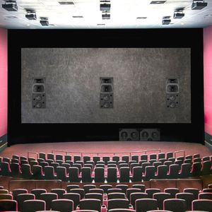 The interior of a movie theater viewing the screen from the back row.